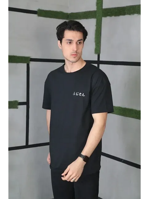 Erkek Kısa Kol Yazlık Tişört Bisiklet Yaka Baskılı Oversize T-shirt - Siyah