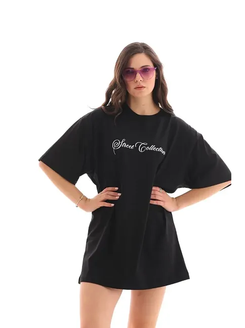 Kadın Baskılı T-shirt Kısa Kol Bisiklet Yaka Oversize Rahat Kalıp Günlük Tişört - Siyah