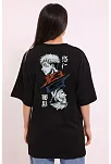 Kadın Kısa Kol Yazlık Tişört Bisiklet Yaka Baskılı Oversize T-shirt - Siyah