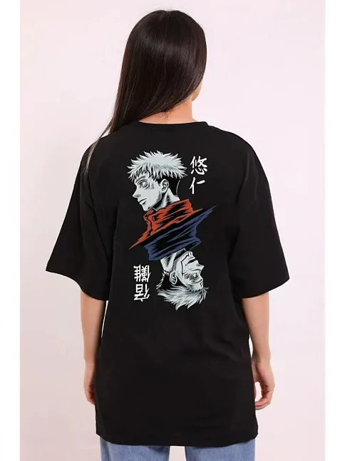 Kadın Kısa Kol Yazlık Tişört Bisiklet Yaka Baskılı Oversize T-shirt - Siyah