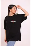Kadın Kısa Kol Yazlık Tişört Bisiklet Yaka Baskılı Oversize T-shirt - Siyah