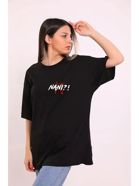 Kadın Kısa Kol Yazlık Tişört Bisiklet Yaka Baskılı Oversize T-shirt - Siyah