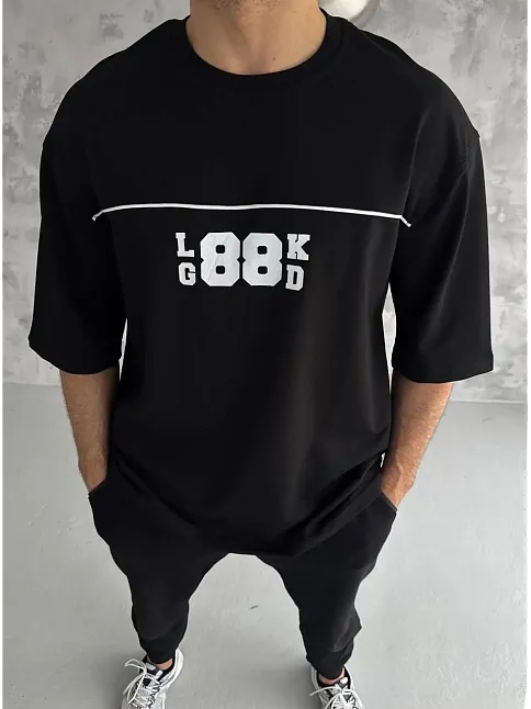 Erkek Kısa Kol Yazlık Tişört Bisiklet Yaka Baskılı Oversize T-shirt - Siyah