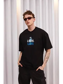 Erkek Bisiklet Yaka Baskılı Oversize Kısa Kol T-shirt - Siyah