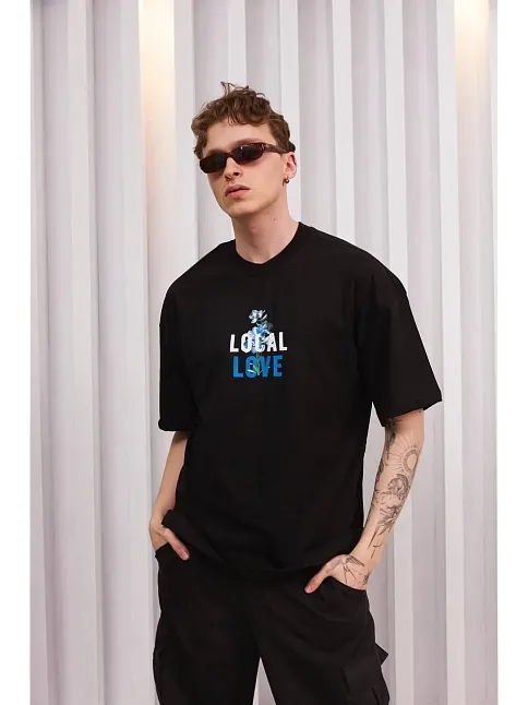 Erkek Bisiklet Yaka Baskılı Oversize Kısa Kol T-shirt - Siyah