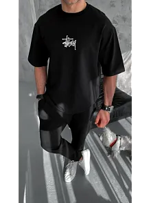 Erkek Kısa Kol Yazlık Tişört Bisiklet Yaka Baskılı Oversize T-shirt - Siyah