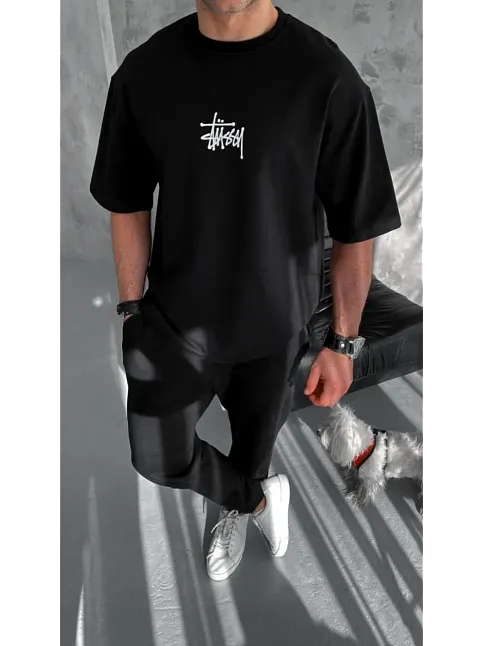 Erkek Kısa Kol Yazlık Tişört Bisiklet Yaka Baskılı Oversize T-shirt - Siyah
