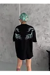 Kadın Bisiklet Yaka Baskılı  Kısa Kol Oversize T-shirt - Siyah