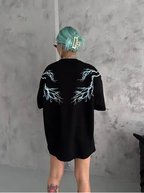 Kadın Bisiklet Yaka Baskılı  Kısa Kol Oversize T-shirt - Siyah