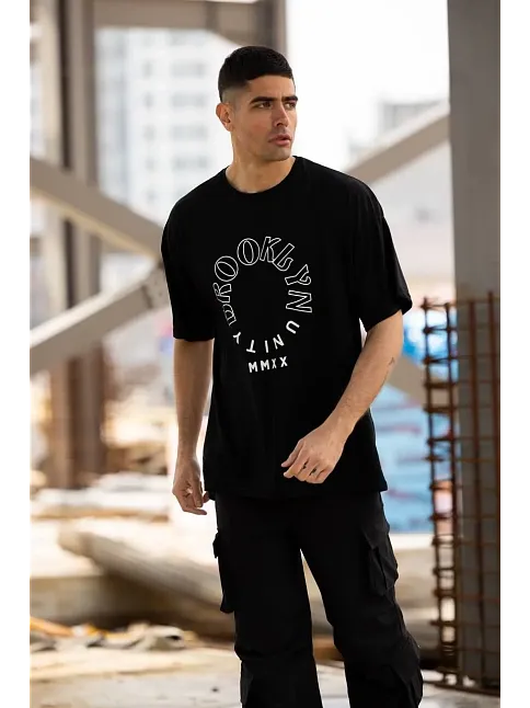 Erkek Baskılı T-shirt Kısa Kol Bisiklet Yaka Regular Fit Rahat Kalıp Günlük Tişört - Siyah