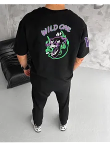Erkek Kısa Kol Tişört Bisiklet Yaka W Wildone Baskılı T-shirt - Siyah