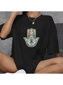 Kadın Baskılı T-shirt Kısa Kol Bisiklet Yaka Oversize Rahat Kalıp Günlük Tişört   - Siyah