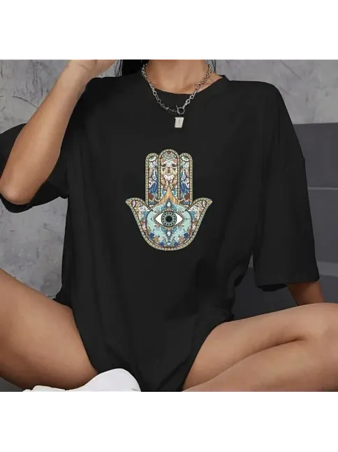 Kadın Baskılı T-shirt Kısa Kol Bisiklet Yaka Oversize Rahat Kalıp Günlük Tişört   - Siyah