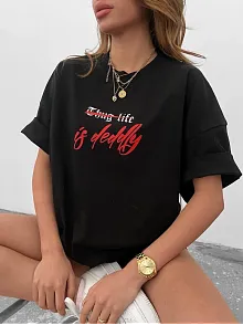 Kadın Bisiklet Yaka Baskılı Oversize  Kısa Kol T-shirt - Siyah