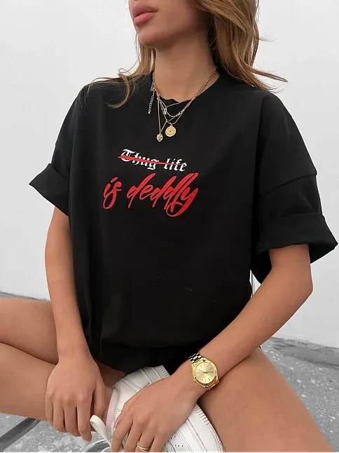 Kadın Bisiklet Yaka Baskılı Oversize  Kısa Kol T-shirt - Siyah