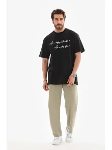 Erkek Kısa Kol Yazlık Tişört Bisiklet Yaka Baskılı Oversize T-shirt - Siyah