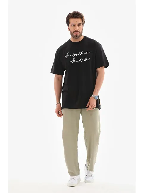 Erkek Kısa Kol Yazlık Tişört Bisiklet Yaka Baskılı Oversize T-shirt - Siyah