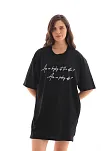 Kadın Kısa Kol Yazlık Tişört Bisiklet Yaka Baskılı Oversize T-shirt - Siyah