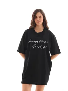 Kadın Kısa Kol Yazlık Tişört Bisiklet Yaka Baskılı Oversize T-shirt - Siyah