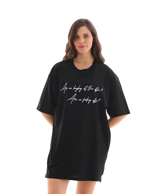 Kadın Kısa Kol Yazlık Tişört Bisiklet Yaka Baskılı Oversize T-shirt - Siyah