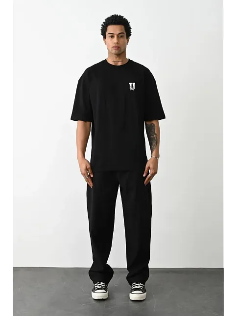 Erkek Kısa Kol Yazlık Tişört Bisiklet Yaka Baskılı Oversize T-shirt - Siyah
