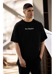 Erkek Kısa Kol Yazlık Tişört Bisiklet Yaka Baskılı Oversize T-shirt - Siyah