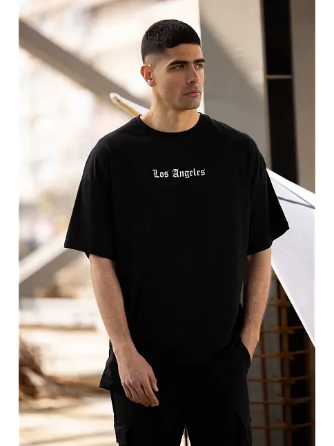 Erkek Kısa Kol Yazlık Tişört Bisiklet Yaka Baskılı Oversize T-shirt - Siyah