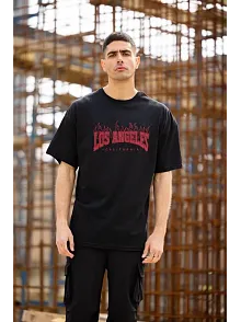 Erkek Kısa Kol Tişört Bisiklet Yaka Los Angeles  Baskılı T-shirt - Siyah