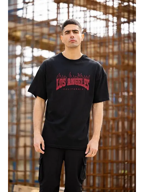 Erkek Kısa Kol Tişört Bisiklet Yaka Los Angeles  Baskılı T-shirt - Siyah