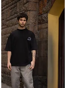 Erkek Kısa Kol Yazlık Tişört Bisiklet Yaka Baskılı Oversize T-shirt - Siyah