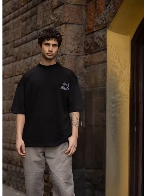 Erkek Kısa Kol Yazlık Tişört Bisiklet Yaka Baskılı Oversize T-shirt - Siyah