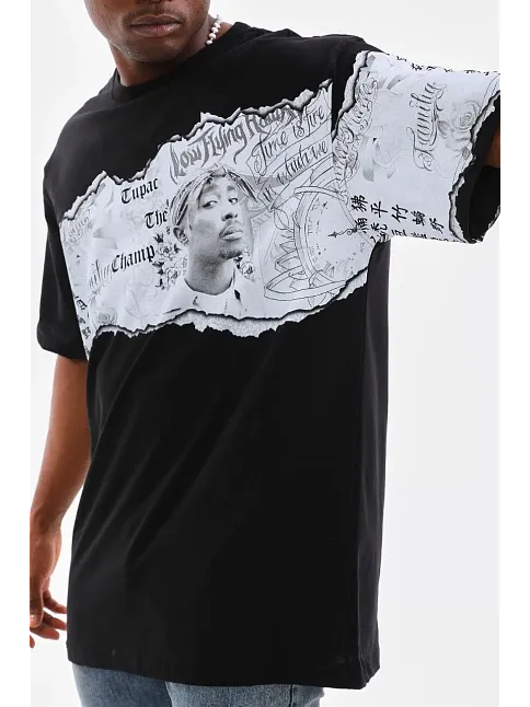 Erkek  Bisiklet Yaka Baskılı Oversize T-shirt - Siyah