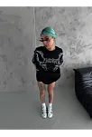 Kadın Bisiklet Yaka Baskılı  Kısa Kol Oversize T-shirt - Siyah