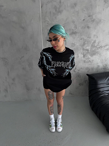 Kadın Bisiklet Yaka Baskılı  Kısa Kol Oversize T-shirt - Siyah