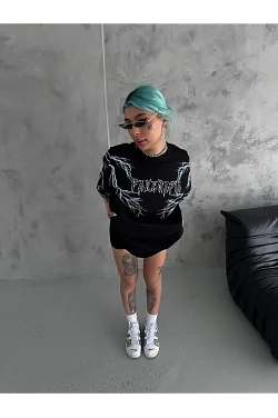 Kadın Bisiklet Yaka Baskılı Kısa Kol Oversize T-shirt - Siyah Kadın Bisiklet Yaka Baskılı Kısa Kol Oversize T-shirt - Siyah