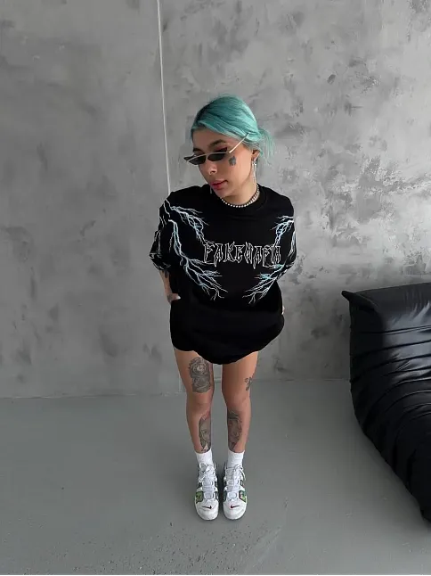 Kadın Bisiklet Yaka Baskılı  Kısa Kol Oversize T-shirt - Siyah
