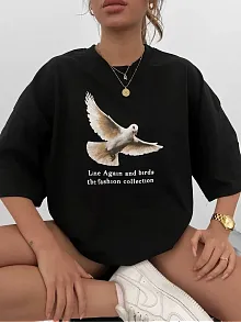 Kadın Kısa Kol Yazlık Tişört Bisiklet Yaka Güvercin Baskılı T-shirt - Siyah