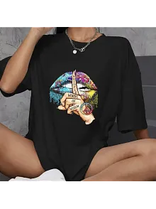 Kadın Baskılı T-shirt Kısa Kol Bisiklet Yaka Oversize Rahat Kalıp Günlük Tişört   - Siyah