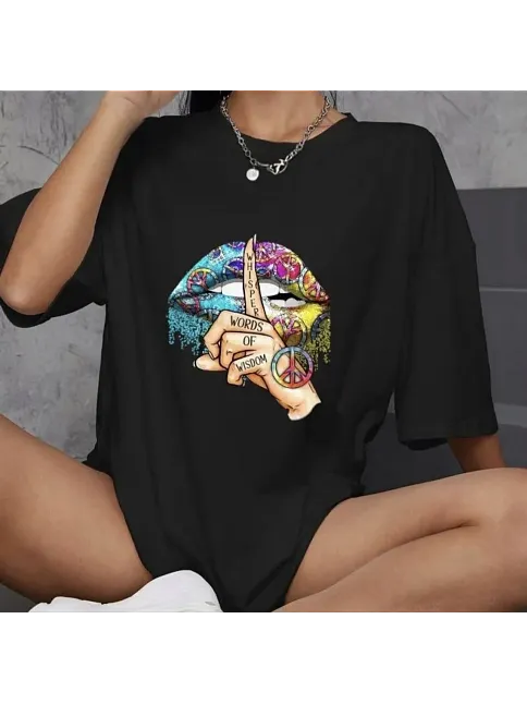 Kadın Baskılı T-shirt Kısa Kol Bisiklet Yaka Oversize Rahat Kalıp Günlük Tişört   - Siyah