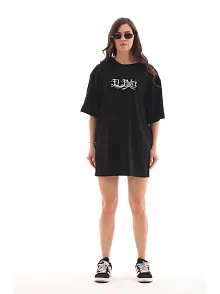 Kadın Kısa Kol Yazlık Tişört Bisiklet Yaka Baskılı Oversize T-shirt - Siyah