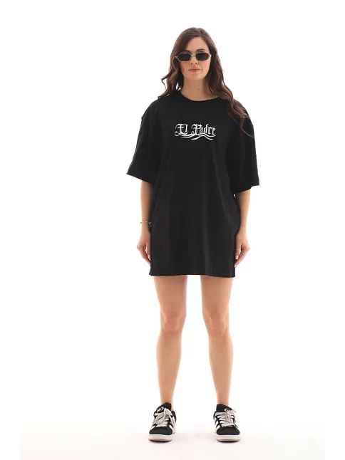 Kadın Kısa Kol Yazlık Tişört Bisiklet Yaka Baskılı Oversize T-shirt - Siyah