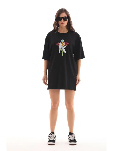 Kadın Baskılı T-shirt Kısa Kol Bisiklet Yaka Regular Fit Rahat Kalıp Günlük Tişört -siyah