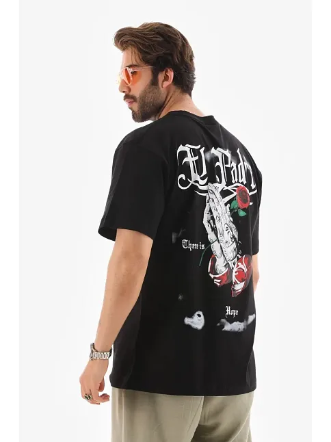 Erkek Kısa Kol Yazlık Tişört Bisiklet Yaka Baskılı Oversize T-shirt - Siyah