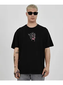 Erkek Kısa Kol Yazlık Tişört Bisiklet Yaka Baskılı Oversize T-shirt -  Siyah
