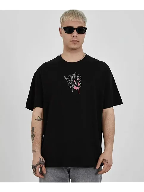 Erkek Kısa Kol Yazlık Tişört Bisiklet Yaka Baskılı Oversize T-shirt -  Siyah