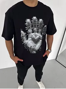 Erkek Baskılı T-shirt Kısa Kol Bisiklet Yaka Regular Fit Rahat Kalıp Günlük Tişört - Siyah