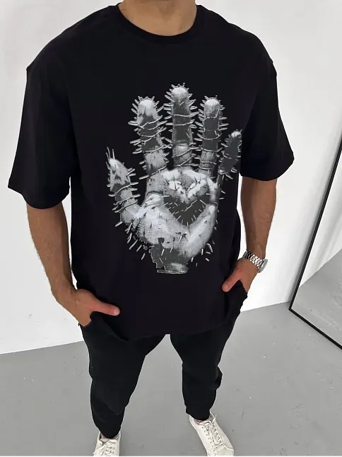 Erkek Baskılı T-shirt Kısa Kol Bisiklet Yaka Regular Fit Rahat Kalıp Günlük Tişört - Siyah