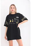 Kadın Kısa Kol Yazlık Tişört Bisiklet Yaka Baskılı Oversize T-shirt - Siyah