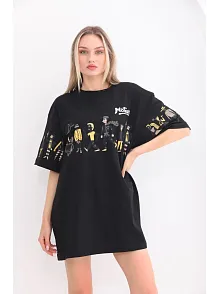Kadın Kısa Kol Yazlık Tişört Bisiklet Yaka Baskılı Oversize T-shirt - Siyah