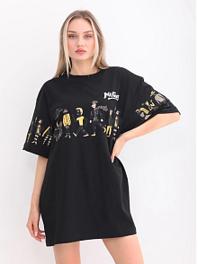 Kadın Kısa Kol Yazlık Tişört Bisiklet Yaka Baskılı Oversize T-shirt - Siyah